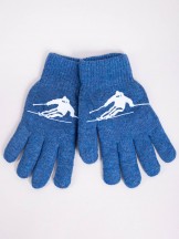 Rękawiczki chłopięce pięciopalczaste dwuwarstwowe niebieskie z narciarzem