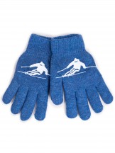 Rękawiczki chłopięce pięciopalczaste dwuwarstwowe niebieskie z narciarzem