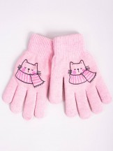 Rękawiczki dziewczęce pięciopalczaste dwuwarstwowe różowe z kotkiem