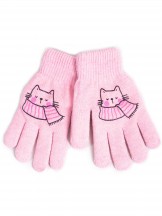 Rękawiczki dziewczęce pięciopalczaste dwuwarstwowe różowe z kotkiem