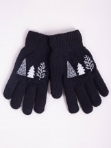 Rękawiczki dziewczęce pięciopalczaste dwuwarstwowe czarne z drzewkami