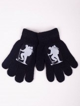 Rękawiczki chłopięce pięciopalczaste z odblaskiem czarne z narciarzem