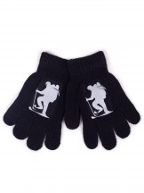 Rękawiczki chłopięce pięciopalczaste z odblaskiem czarne z narciarzem