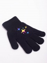 Rękawiczki dziewczęce pięciopalczaste z odblaskiem czarne z gwiazdami