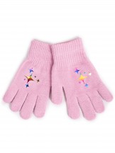 Rękawiczki dziewczęce pięciopalczaste z odblaskiem różowe z gwiazdami