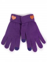 Rękawiczki damskie pięciopalczaste dotykowe fioletowe z sercem
