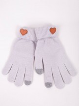 Rękawiczki damskie pięciopalczaste dotykowe szare z sercem
