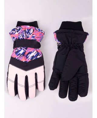 Rękawiczki narciarskie dziewczęce pięciopalczaste czarne ze wzorem