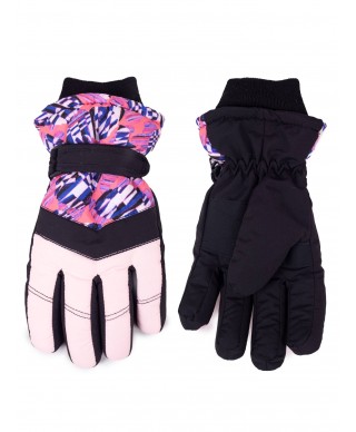 Rękawiczki narciarskie dziewczęce pięciopalczaste czarne ze wzorem