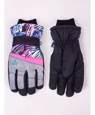 Rękawiczki narciarskie dziewczęce pięciopalczaste różowo-niebieski wzór