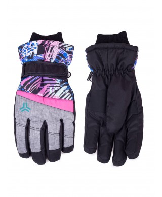Rękawiczki narciarskie dziewczęce pięciopalczaste różowo-niebieski wzór